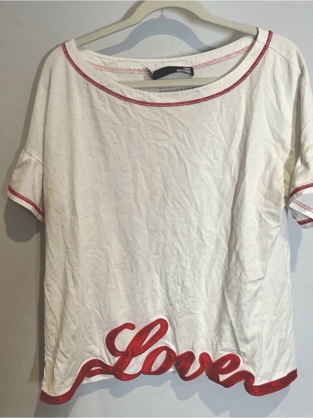 Love Moschino Shirt Red Ribbon "LOVE" trim Applique size 10 festive
